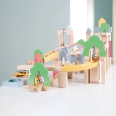 Circuit a billes en bois - ROBA - 20 billes en verre - 60 briques de c
