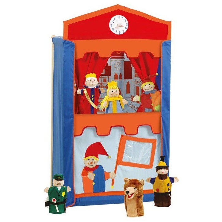 Théâtre de marionnettes en bois et tissu - ROBA - Avec 6 marionnettes a main - Rouge / Bleu / Orange Théâtre de marionnettes en bois et tissu - ROBA - Avec 6 marionnettes a main - Rouge / Bleu / Orange
