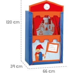 Théâtre de marionnettes en bois et tissu - ROBA - Avec 6 marionnettes a main - Rouge / Bleu / Orange
