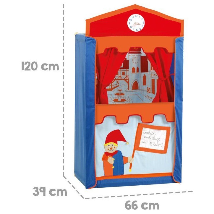 Théâtre de marionnettes en bois et tissu - ROBA - Avec 6 marionnettes a main - Rouge / Bleu / Orange Théâtre de marionnettes en bois et tissu - ROBA - Avec 6 marionnettes a main - Rouge / Bleu / Orange