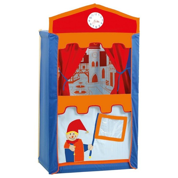 Théâtre de marionnettes en bois et tissu - ROBA - Avec 6 marionnettes a main - Rouge / Bleu / Orange Théâtre de marionnettes en bois et tissu - ROBA - Avec 6 marionnettes a main - Rouge / Bleu / Orange