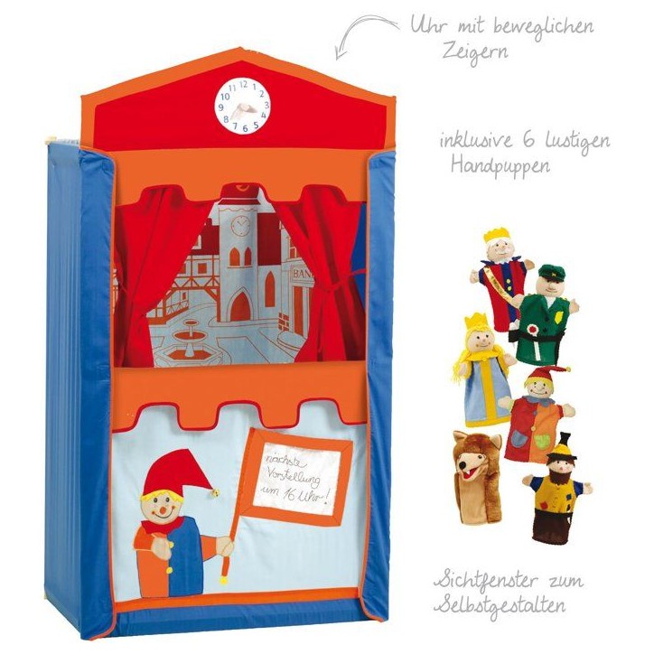 Théâtre de marionnettes en bois et tissu - ROBA - Avec 6 marionnettes a main - Rouge / Bleu / Orange Théâtre de marionnettes en bois et tissu - ROBA - Avec 6 marionnettes a main - Rouge / Bleu / Orange