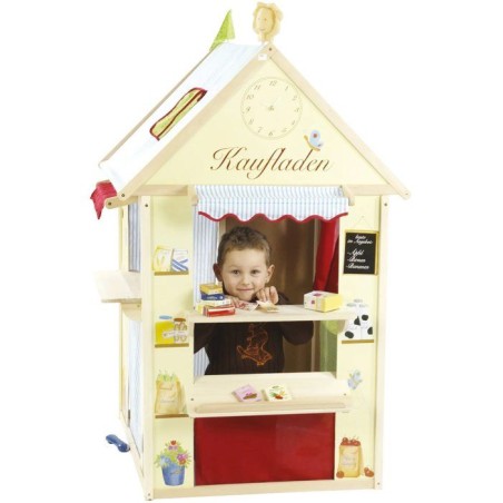 Maisonnette 4-en-1 - ROBA - Bois - 4 faces : Théâtre de marionnette, épicerie, poste et banque - Jaune / Vert pastel