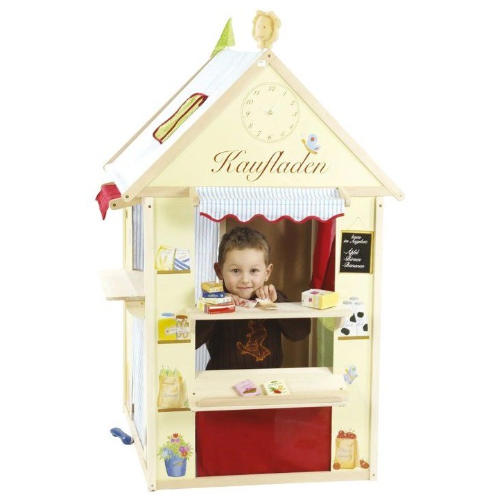 Maisonnette 4-en-1 - ROBA - Bois - 4 faces : Théâtre de marionnette, épicerie, poste et banque - Jaune / Vert pastel Maisonnette 4-en-1 - ROBA - Bois - 4 faces : Théâtre de marionnette, épicerie, poste et banque - Jaune / Vert pastel