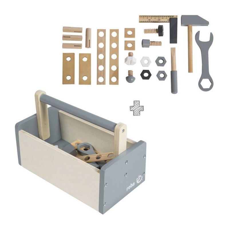 Boite a outils en bois pour enfant - ROBA - 22 pieces - Naturel, gris
