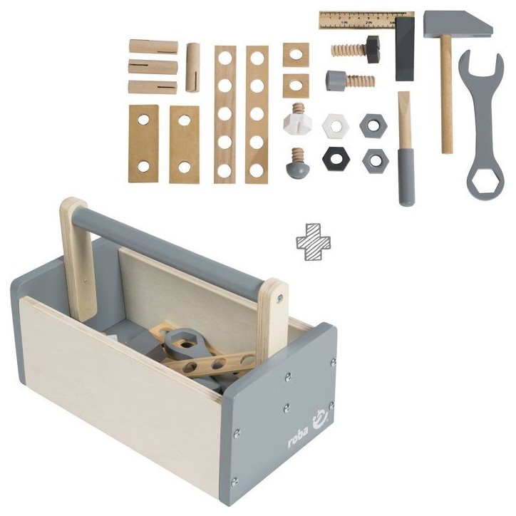 Boite a outils en bois pour enfant - ROBA - 22 pieces - Naturel, gris et blanc Boite a outils en bois pour enfant - ROBA - 22 pieces - Naturel, gris et blanc