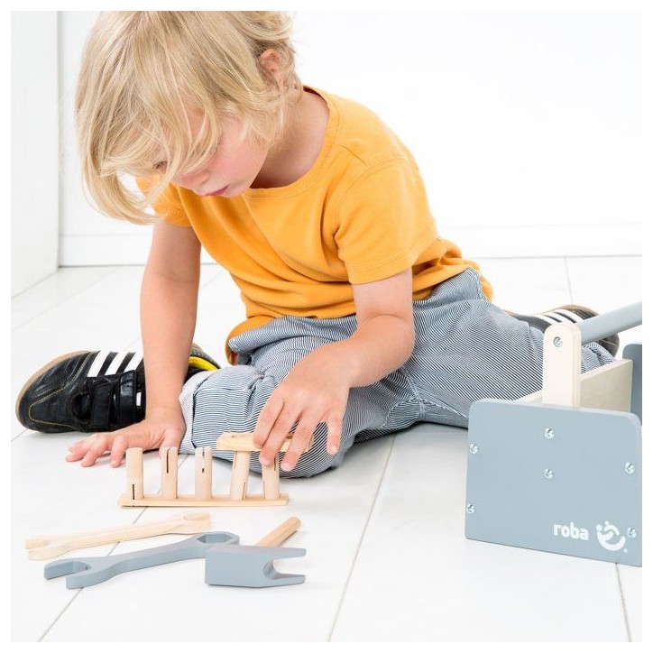 Boite a outils en bois pour enfant - ROBA - 22 pieces - Naturel, gris et blanc Boite a outils en bois pour enfant - ROBA - 22 pieces - Naturel, gris et blanc
