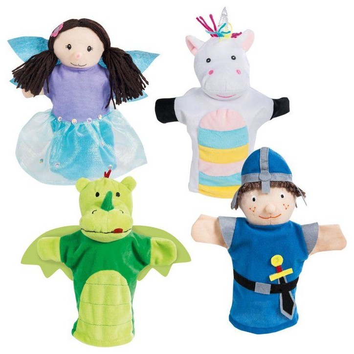 Set de 4 marionnettes a main - ROBA - Fée enchanteresse, Licorne en peluche, Dragon et Fier chevalier - Vert / Bleu / Turquoise