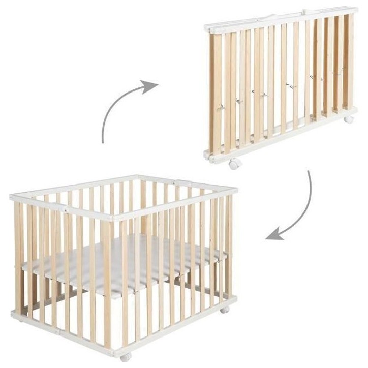 Parc bébé pliant - ROBA - 75 x 100 cm - Réglable en hauteur - Roulettes - Bois / Blanc Parc bébé pliant - ROBA - 75 x 100 cm - Réglable en hauteur - Roulettes - Bois / Blanc