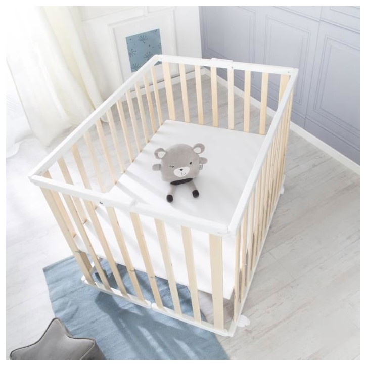 Parc bébé pliant - ROBA - 75 x 100 cm - Réglable en hauteur - Roulettes - Bois / Blanc Parc bébé pliant - ROBA - 75 x 100 cm - Réglable en hauteur - Roulettes - Bois / Blanc