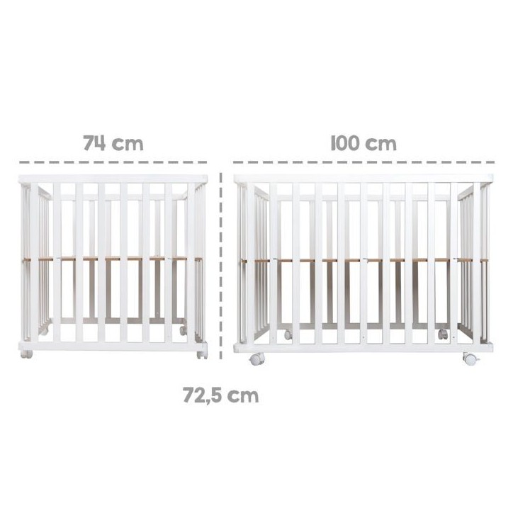 Parc bébé pliant - ROBA - 75 x 100 cm - Réglable en hauteur - Roulettes - Bois / Blanc Parc bébé pliant - ROBA - 75 x 100 cm - Réglable en hauteur - Roulettes - Bois / Blanc