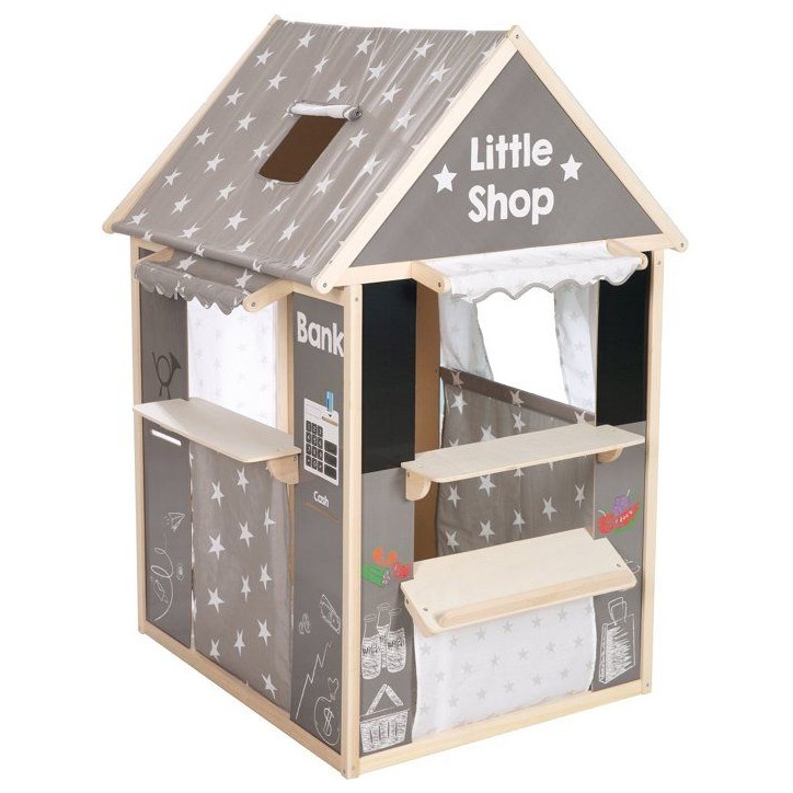 Maisonnette 4-en-1 - ROBA - Bois et tissu - 4 faces : Théâtre, épicerie, guichet poste banque, kiosque avec tableau - Gris Maisonnette 4-en-1 - ROBA - Bois et tissu - 4 faces : Théâtre, épicerie, guichet poste banque, kiosque avec tableau - Gris
