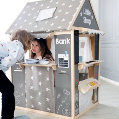 Maisonnette 4-en-1 - ROBA - Bois et tissu - 4 faces : Théâtre, épicerie, guichet poste banque, kiosque avec tableau - Gris