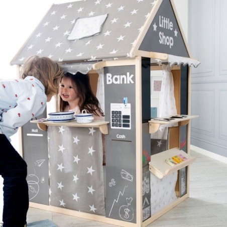 Maisonnette 4-en-1 - ROBA - Bois et tissu - 4 faces : Théâtre, épicerie, guichet poste banque, kiosque avec tableau - Gris