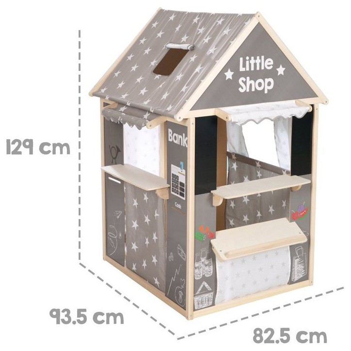 Maisonnette 4-en-1 - ROBA - Bois et tissu - 4 faces : Théâtre, épicerie, guichet poste banque, kiosque avec tableau - Gris Maisonnette 4-en-1 - ROBA - Bois et tissu - 4 faces : Théâtre, épicerie, guichet poste banque, kiosque avec tableau - Gris