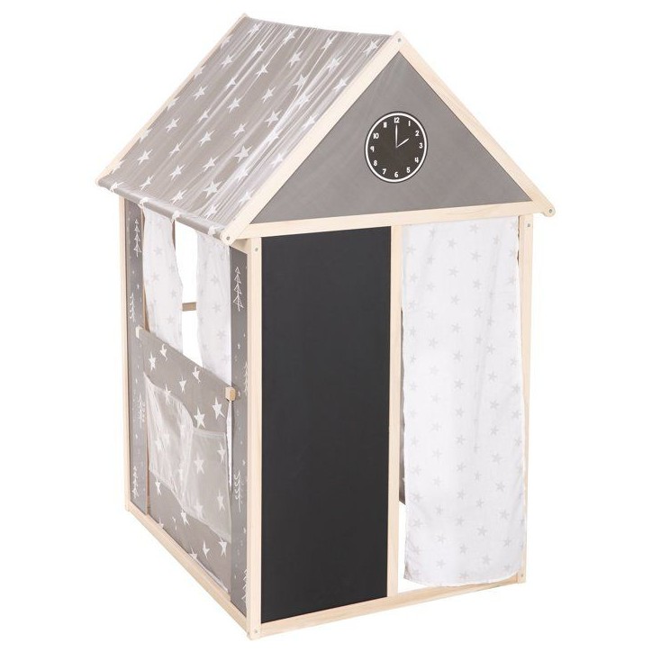 Maisonnette 4-en-1 - ROBA - Bois et tissu - 4 faces : Théâtre, épicerie, guichet poste banque, kiosque avec tableau - Gris Maisonnette 4-en-1 - ROBA - Bois et tissu - 4 faces : Théâtre, épicerie, guichet poste banque, kiosque avec tableau - Gris