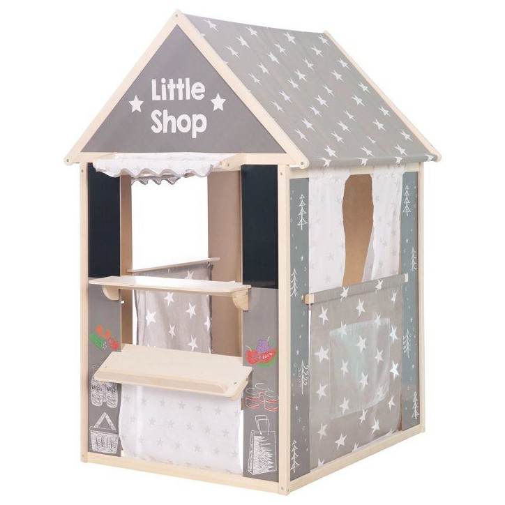 Maisonnette 4-en-1 - ROBA - Bois et tissu - 4 faces : Théâtre, épicerie, guichet poste banque, kiosque avec tableau - Gris Maisonnette 4-en-1 - ROBA - Bois et tissu - 4 faces : Théâtre, épicerie, guichet poste banque, kiosque avec tableau - Gris
