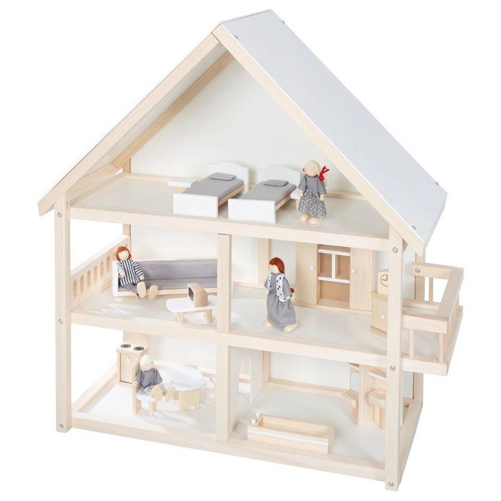 Maison de poupée en bois - ROBA - 3 étages avec 16 pieces de mobilier et 4 poupées - Naturel / Blanc / Gris Maison de poupée en bois - ROBA - 3 étages avec 16 pieces de mobilier et 4 poupées - Naturel / Blanc / Gris