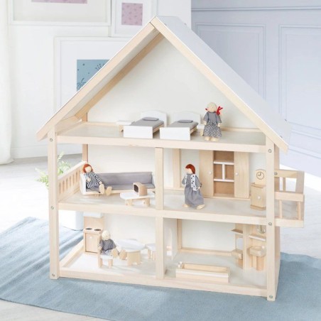 Maison de poupée en bois - ROBA - 3 étages avec 16 pieces de mobilier et 4 poupées - Naturel / Blanc / Gris