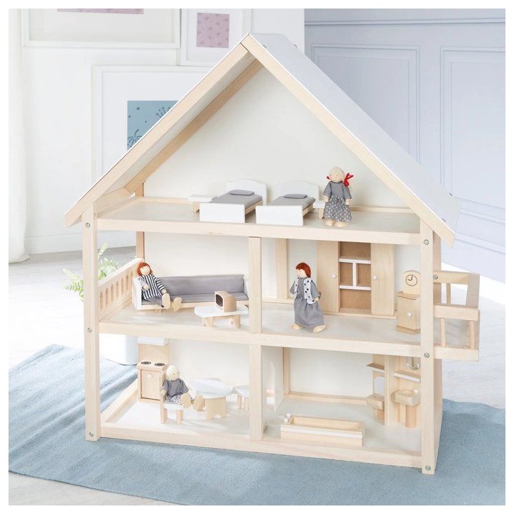 Maison de poupée en bois - ROBA - 3 étages avec 16 pieces de mobilier et 4 poupées - Naturel / Blanc / Gris Maison de poupée en bois - ROBA - 3 étages avec 16 pieces de mobilier et 4 poupées - Naturel / Blanc / Gris