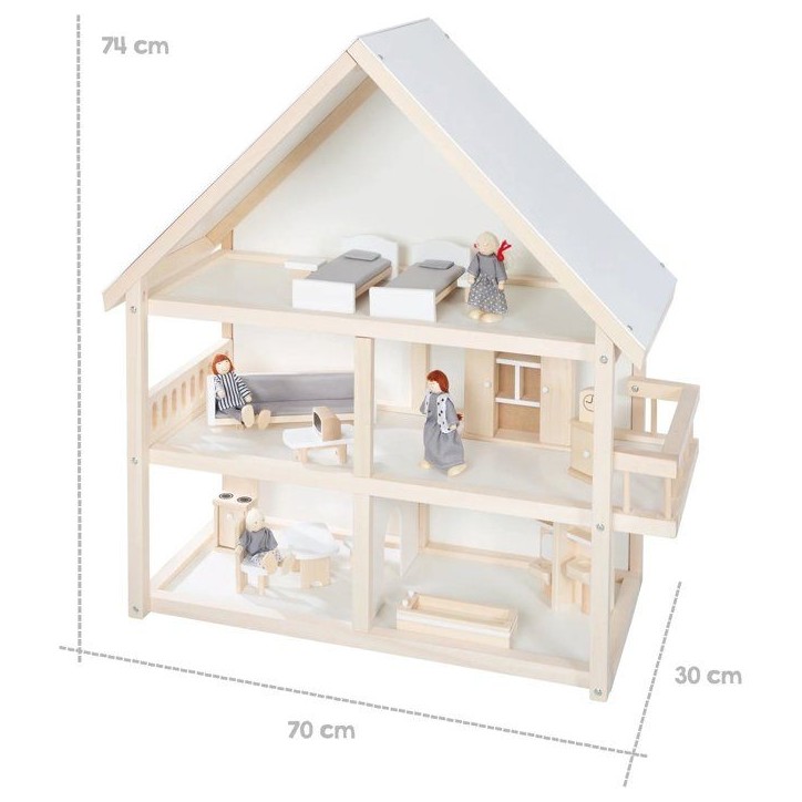 Maison de poupée en bois - ROBA - 3 étages avec 16 pieces de mobilier et 4 poupées - Naturel / Blanc / Gris Maison de poupée en bois - ROBA - 3 étages avec 16 pieces de mobilier et 4 poupées - Naturel / Blanc / Gris