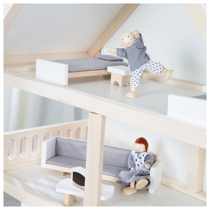 Maison de poupée en bois - ROBA - 3 étages avec 16 pieces de mobilier et 4 poupées - Naturel / Blanc / Gris Maison de poupée en bois - ROBA - 3 étages avec 16 pieces de mobilier et 4 poupées - Naturel / Blanc / Gris