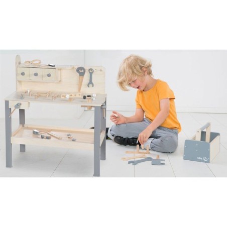 Grand établi en bois pour enfant - ROBA - Avec Kit d'outils - Grand plan de travail - Étagere