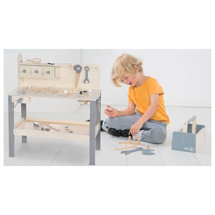 Grand établi en bois pour enfant - ROBA - Avec Kit d'outils - Grand plan de travail - Étagere Grand établi en bois pour enfant - ROBA - Avec Kit d'outils - Grand plan de travail - Étagere