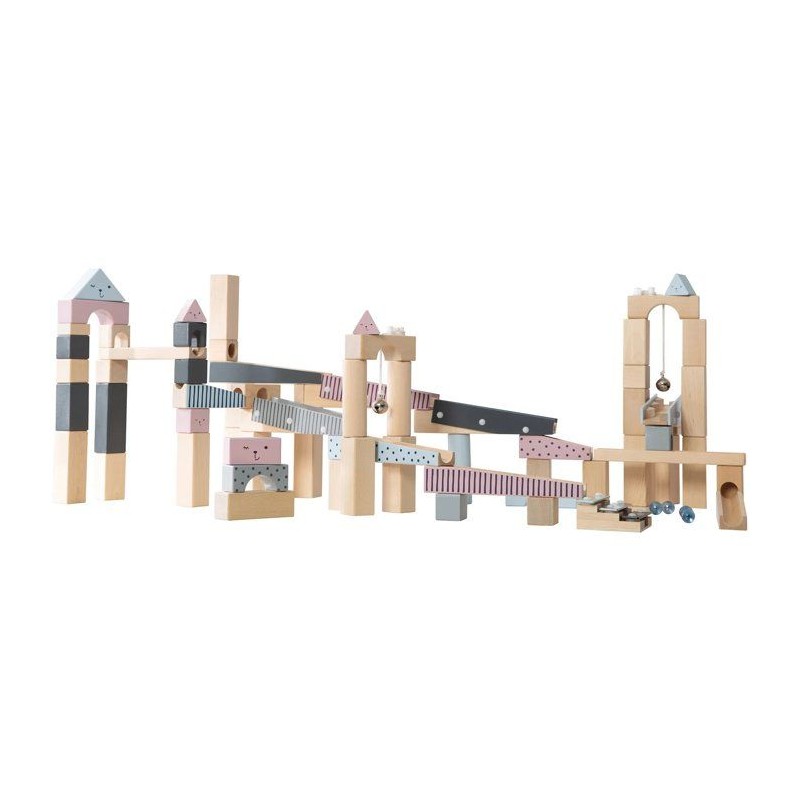 Circuit a billes en bois - ROBA - 20 billes en verre - 80 briques de c