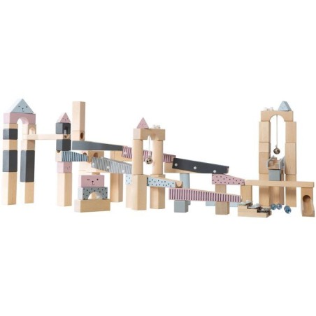 Circuit a billes en bois - ROBA - 20 billes en verre - 80 briques de c
