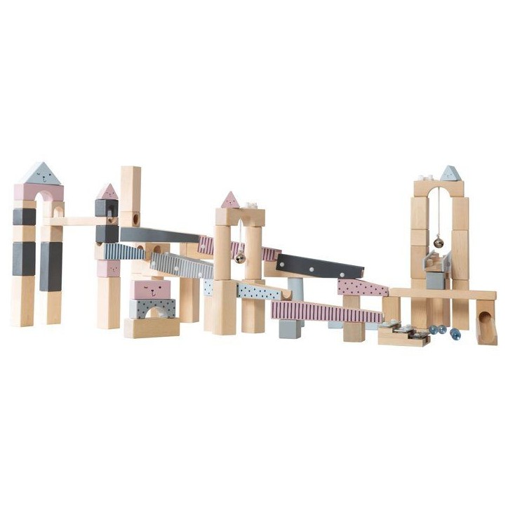 Circuit a billes en bois - ROBA - 20 billes en verre - 80 briques de construction - Naturel / Marine / Ciel / Rose Circuit a billes en bois - ROBA - 20 billes en verre - 80 briques de construction - Naturel / Marine / Ciel / Rose