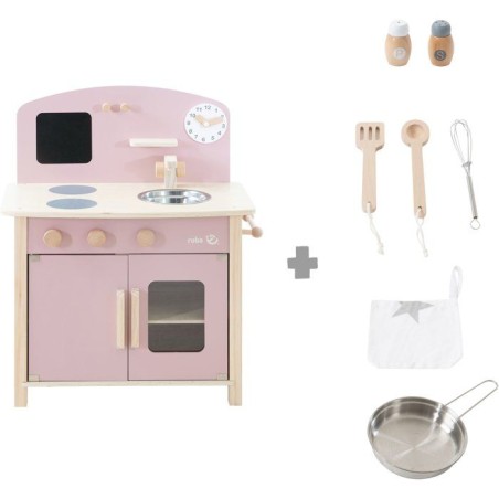 Cuisine en bois pour enfant - ROBA - Équipée avec accessoires - Rose