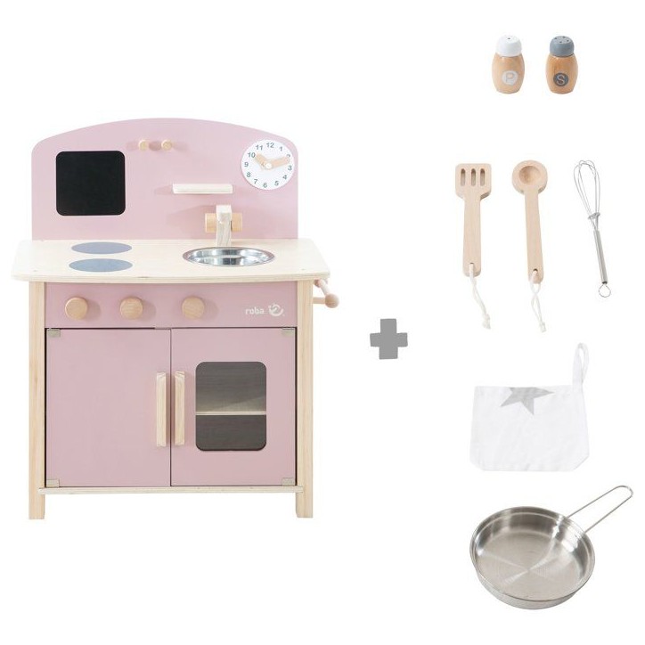Cuisine en bois pour enfant - ROBA - Équipée avec accessoires - Rose / Naturel