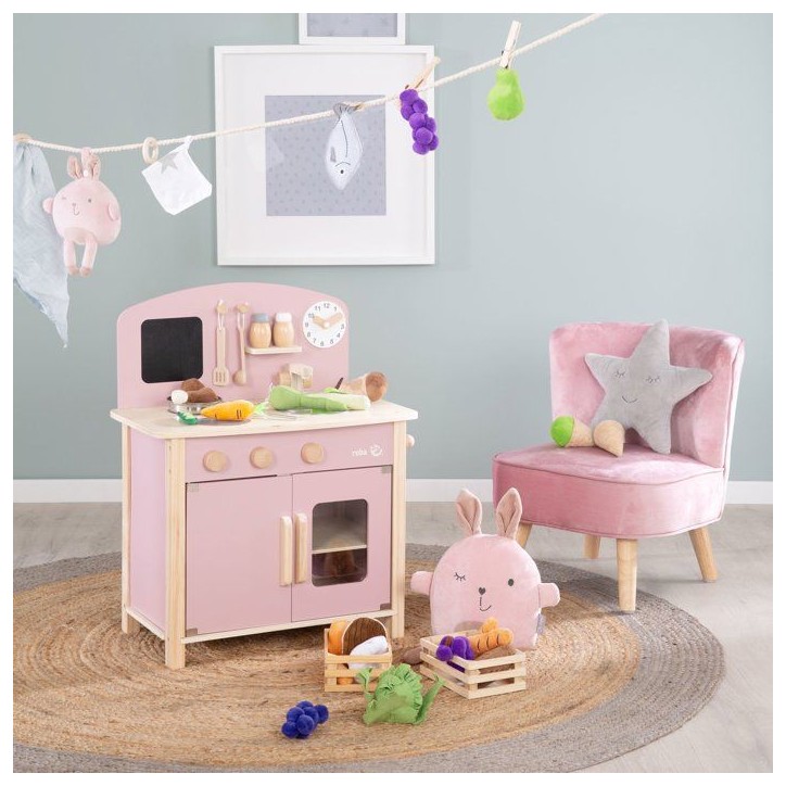 Cuisine en bois pour enfant - ROBA - Équipée avec accessoires - Rose / Naturel