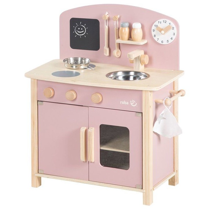 Cuisine en bois pour enfant - ROBA - Équipée avec accessoires - Rose / Naturel