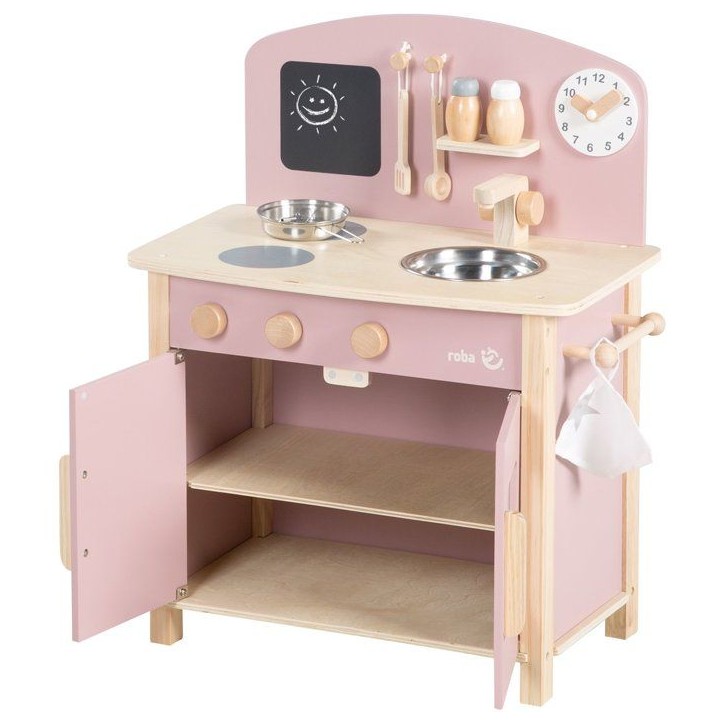 Cuisine en bois pour enfant - ROBA - Équipée avec accessoires - Rose / Naturel