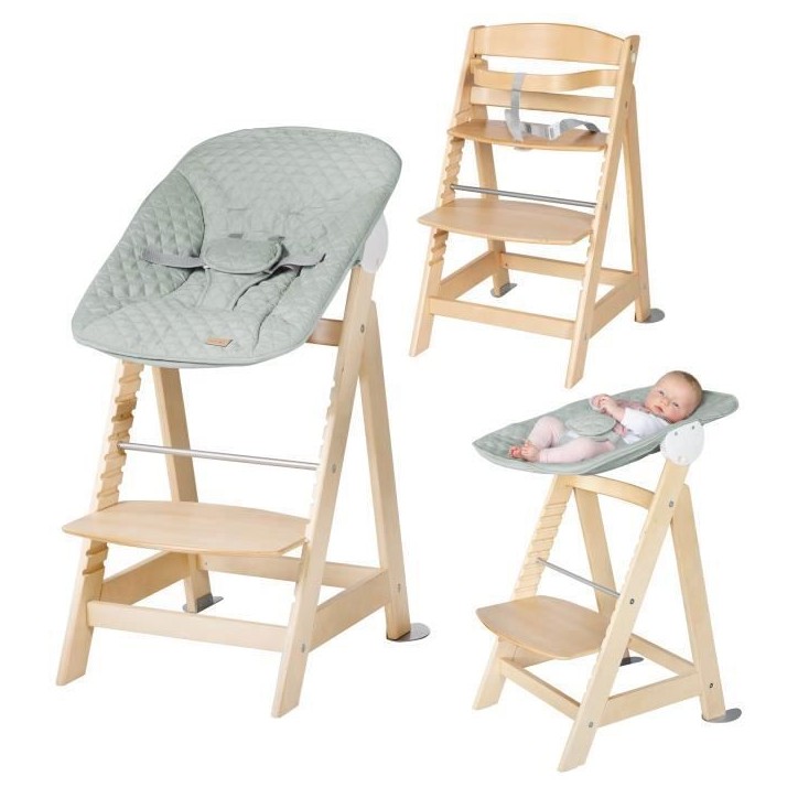 Chaise haute évolutive 2-en-1 - ROBA - BORN UP - Transat inclinable vert givré 'Roba Style' inclus - Bois naturel