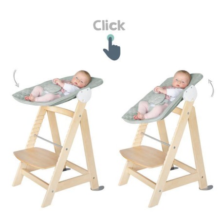Chaise haute évolutive 2-en-1 - ROBA - BORN UP - Transat inclinable vert givré 'Roba Style' inclus - Bois naturel