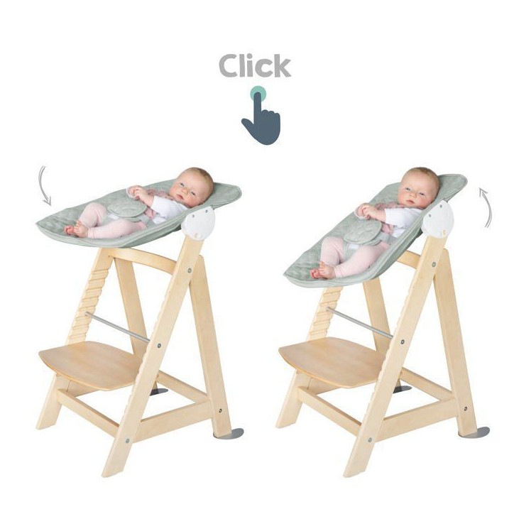 Chaise haute évolutive 2-en-1 - ROBA - BORN UP - Transat inclinable vert givré 'Roba Style' inclus - Bois naturel