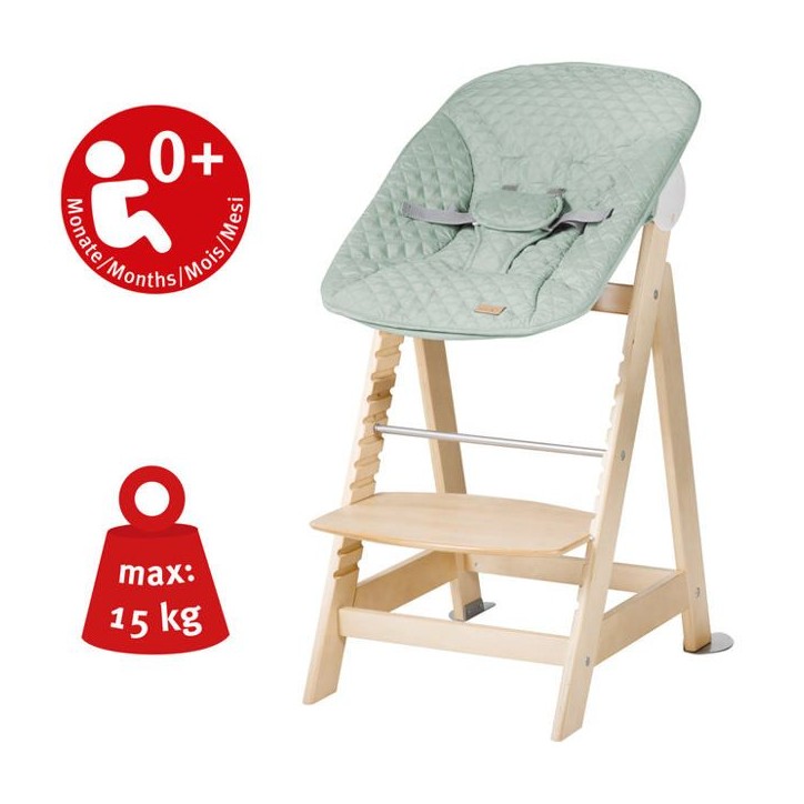 Chaise haute évolutive 2-en-1 - ROBA - BORN UP - Transat inclinable vert givré 'Roba Style' inclus - Bois naturel