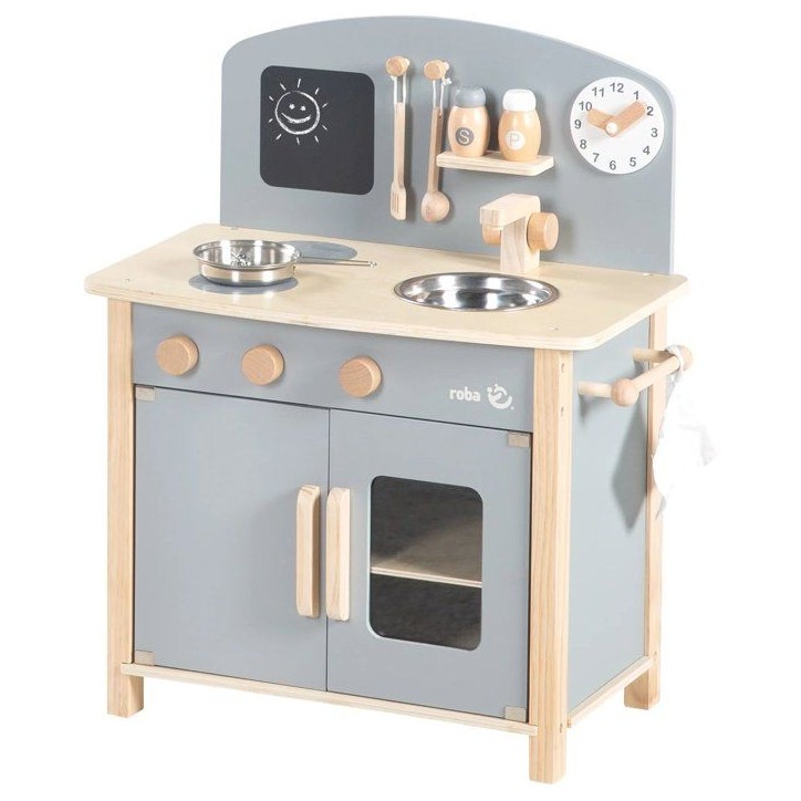 Cuisine enfant en bois - ROBA - Avec plaque de cuisson, four, évier, accessoires et horloge - Gris / Naturel Cuisine enfant en bois - ROBA - Avec plaque de cuisson, four, évier, accessoires et horloge - Gris / Naturel