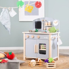 Cuisine enfant en bois - ROBA - Avec plaque de cuisson, four, évier, accessoires et horloge - Gris / Naturel