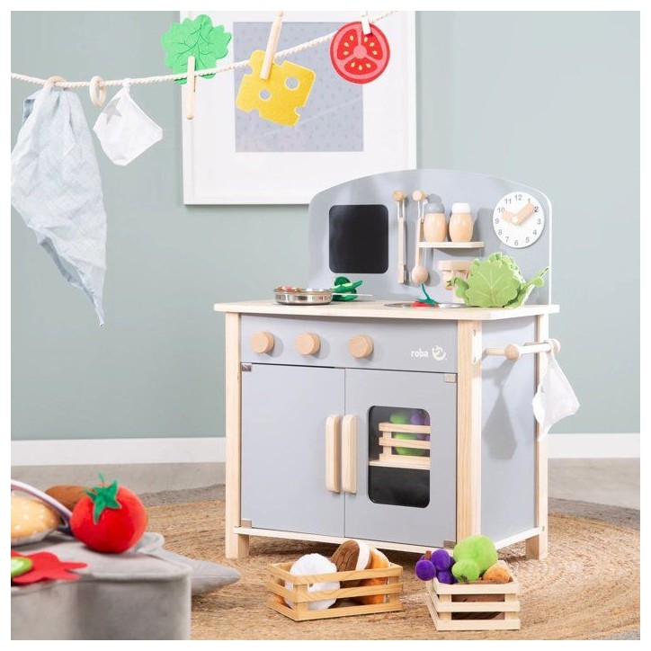 Cuisine enfant en bois - ROBA - Avec plaque de cuisson, four, évier, accessoires et horloge - Gris / Naturel Cuisine enfant en bois - ROBA - Avec plaque de cuisson, four, évier, accessoires et horloge - Gris / Naturel
