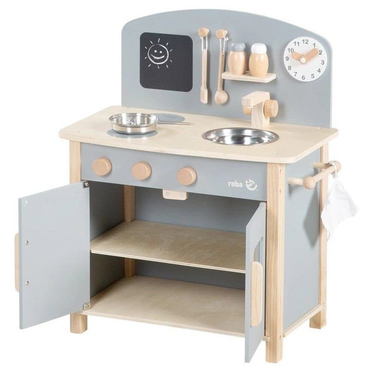 Cuisine enfant en bois - ROBA - Avec plaque de cuisson, four, évier, accessoires et horloge - Gris / Naturel Cuisine enfant en bois - ROBA - Avec plaque de cuisson, four, évier, accessoires et horloge - Gris / Naturel