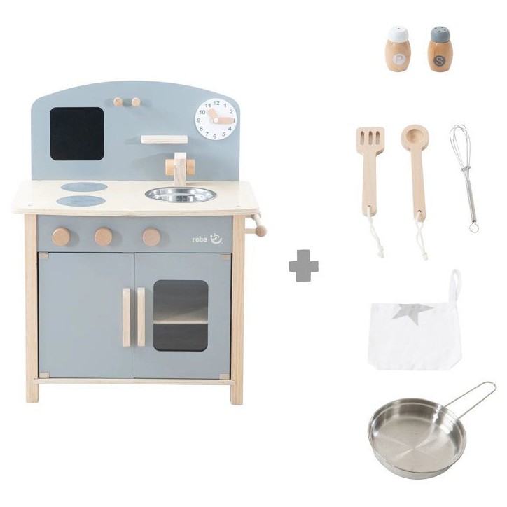 Cuisine enfant en bois - ROBA - Avec plaque de cuisson, four, évier, accessoires et horloge - Gris / Naturel Cuisine enfant en bois - ROBA - Avec plaque de cuisson, four, évier, accessoires et horloge - Gris / Naturel