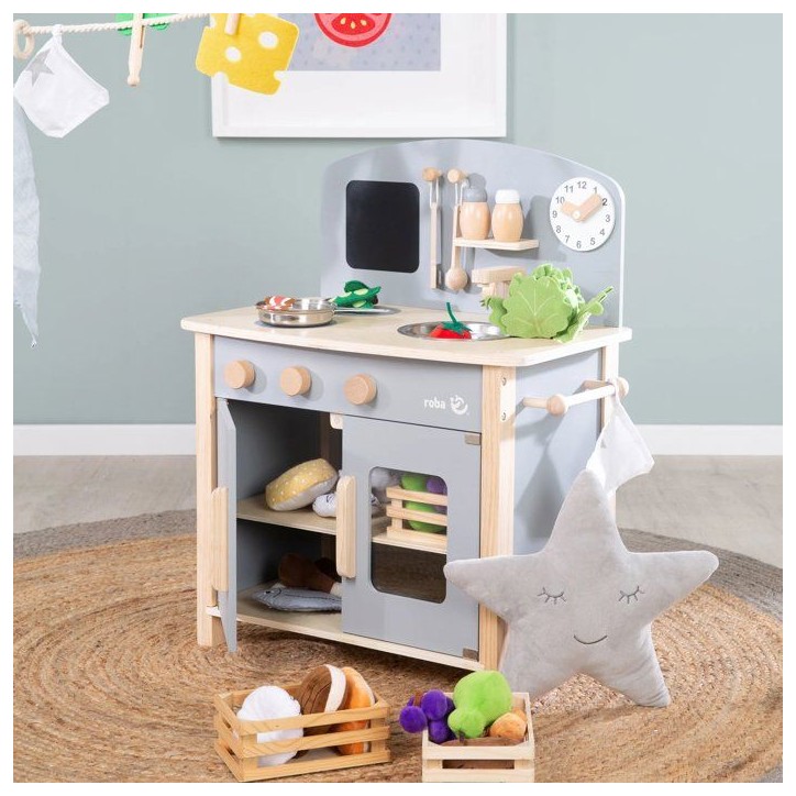 Cuisine enfant en bois - ROBA - Avec plaque de cuisson, four, évier, accessoires et horloge - Gris / Naturel Cuisine enfant en bois - ROBA - Avec plaque de cuisson, four, évier, accessoires et horloge - Gris / Naturel