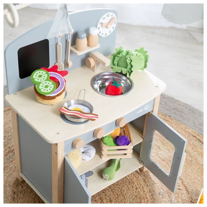 Cuisine enfant en bois - ROBA - Avec plaque de cuisson, four, évier, accessoires et horloge - Gris / Naturel Cuisine enfant en bois - ROBA - Avec plaque de cuisson, four, évier, accessoires et horloge - Gris / Naturel