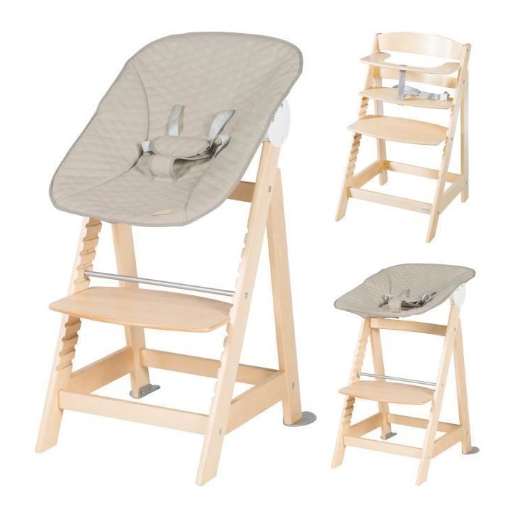 Chaise haute évolutive 2-en-1 - ROBA - BORN UP - Transat inclinable 'Greyish matelassé' inclus - Bois naturel Chaise haute évolutive 2-en-1 - ROBA - BORN UP - Transat inclinable 'Greyish matelassé' inclus - Bois naturel