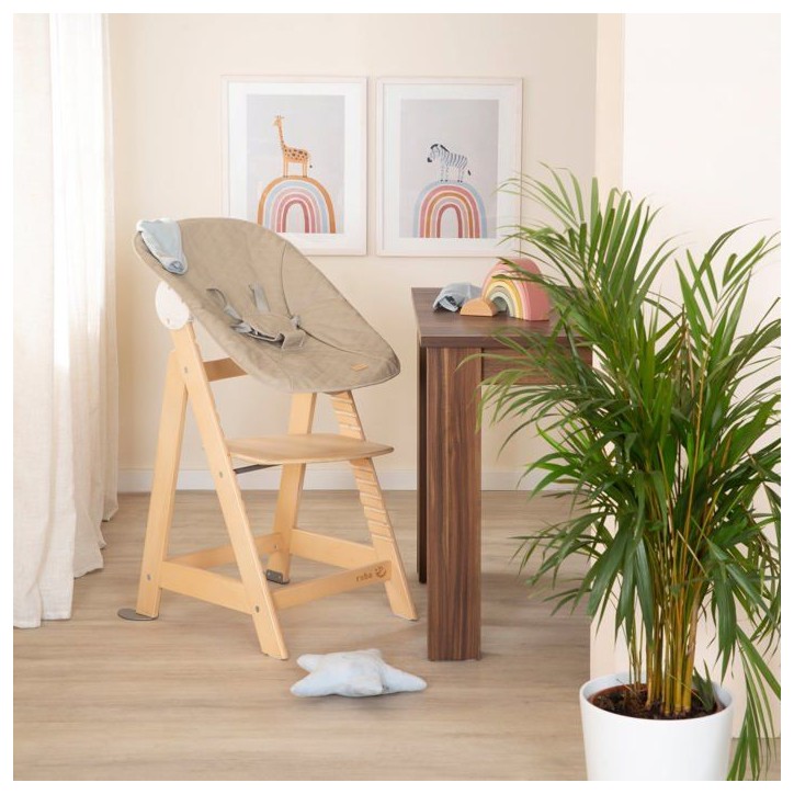 Chaise haute évolutive 2-en-1 - ROBA - BORN UP - Transat inclinable 'Greyish matelassé' inclus - Bois naturel Chaise haute évolutive 2-en-1 - ROBA - BORN UP - Transat inclinable 'Greyish matelassé' inclus - Bois naturel