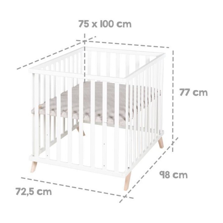 Parc bébé - ROBA - 75 x 100 cm - Tapis de parc 'Lil Planet' gris inclus - Bois laqué blanc Parc bébé - ROBA - 75 x 100 cm - Tapis de parc 'Lil Planet' gris inclus - Bois laqué blanc